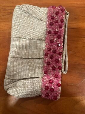 Banana Republic Beaded Strap Beige Wristlet Clutch with Pink Accent